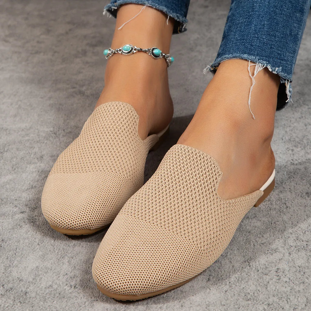 Apricot, blue, and green mesh slip-on sandals with round toes and flat rubber soles
