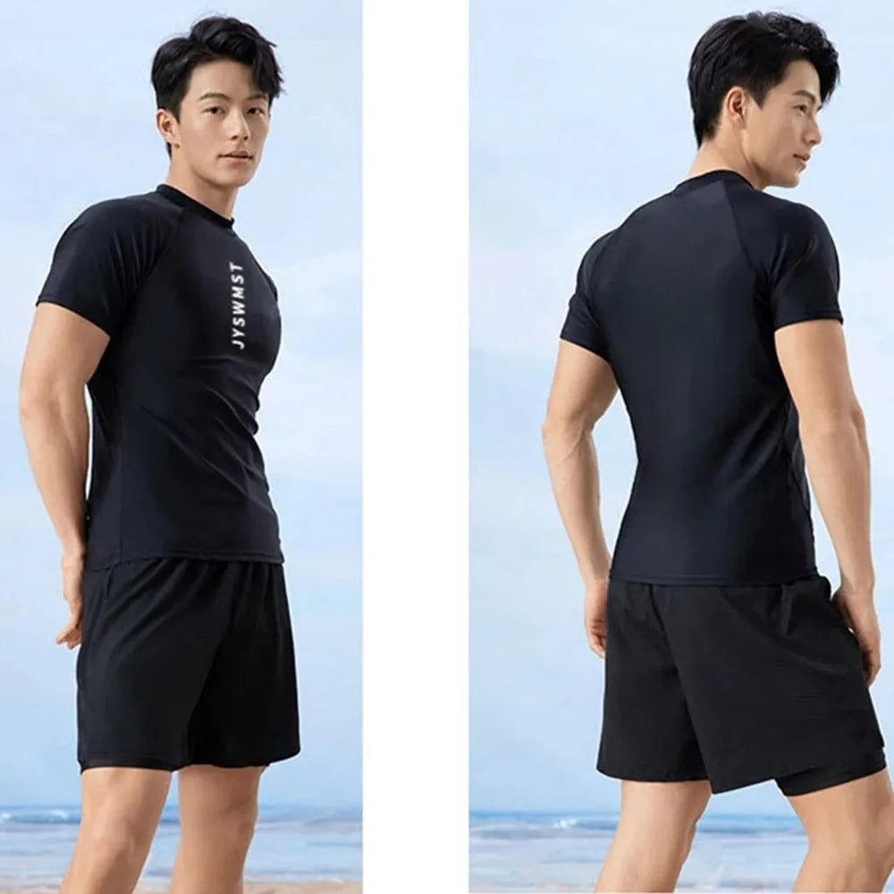 Men's patterned polyester swimsuit set with top and pants in extended sizes