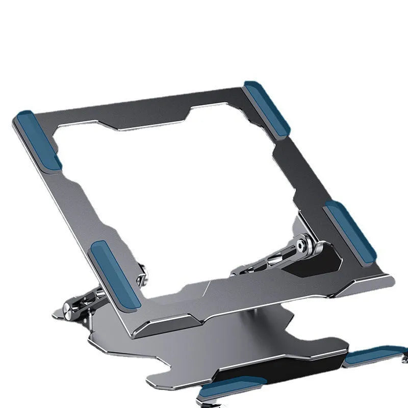 Grey aluminum laptop stand showing adjustable angle mechanism and folding design