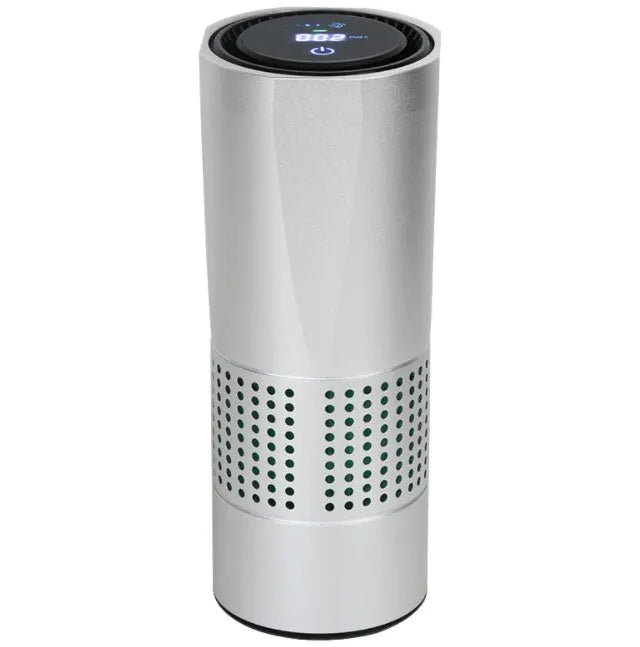 Car air purifier with water cup design and aluminium alloy housing showing air quality display