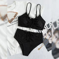 Women's black nylon sling split high waist bikini swimsuit set with top and shorts