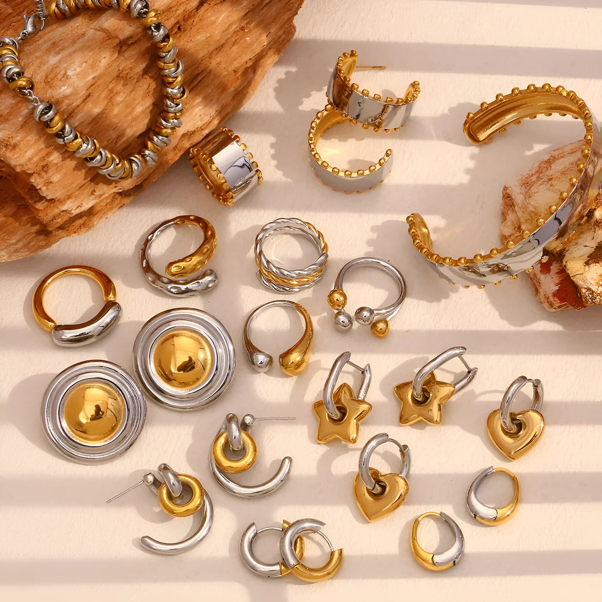 Gold tone geometric jewellery set including earrings, bracelet, and necklace for women
