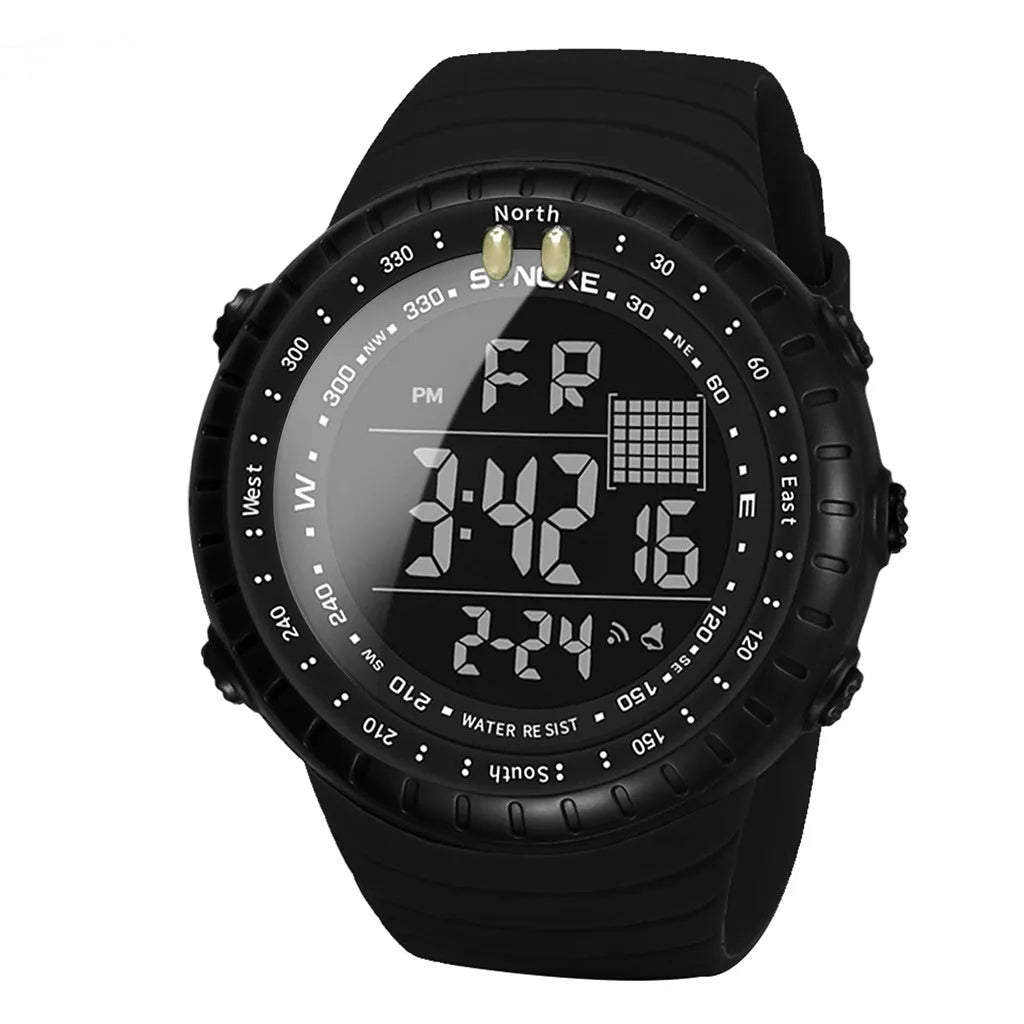 Black men's waterproof electronic watch with large dial and adjustable PU strap showing water resistance to 50 metres