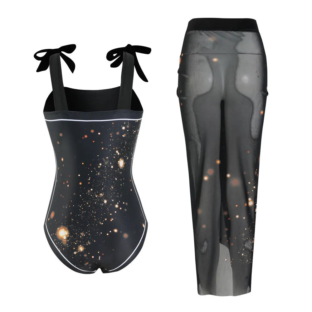 Floral print one-piece polyester swimsuit with matching skirt, sleeveless, available in brown printing