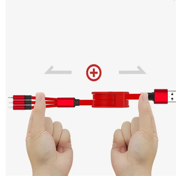 Telescopic charging cable in extended position showing TPE wire and titanium alloy connectors.