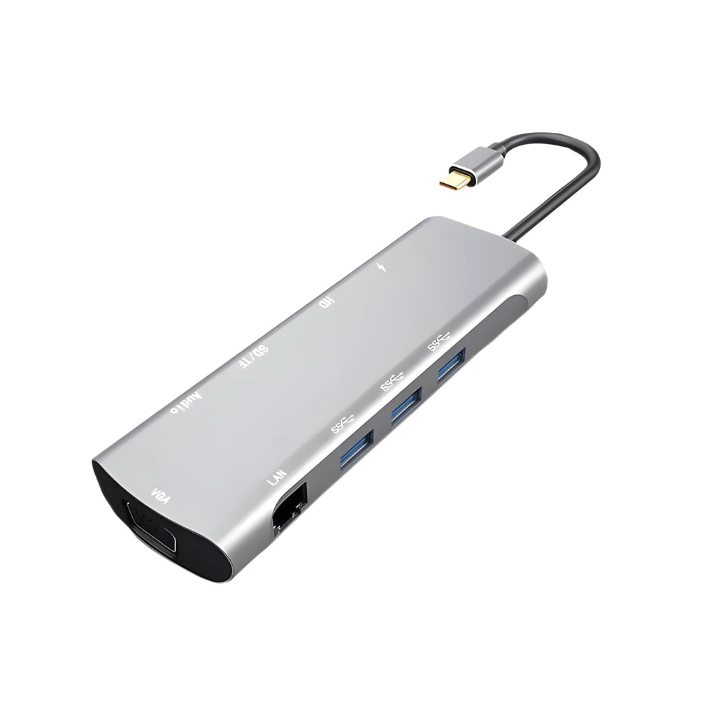 Grey aluminium alloy USB-C docking station with HDMI, VGA, and USB 3.0 ports and integrated 140mm cable
