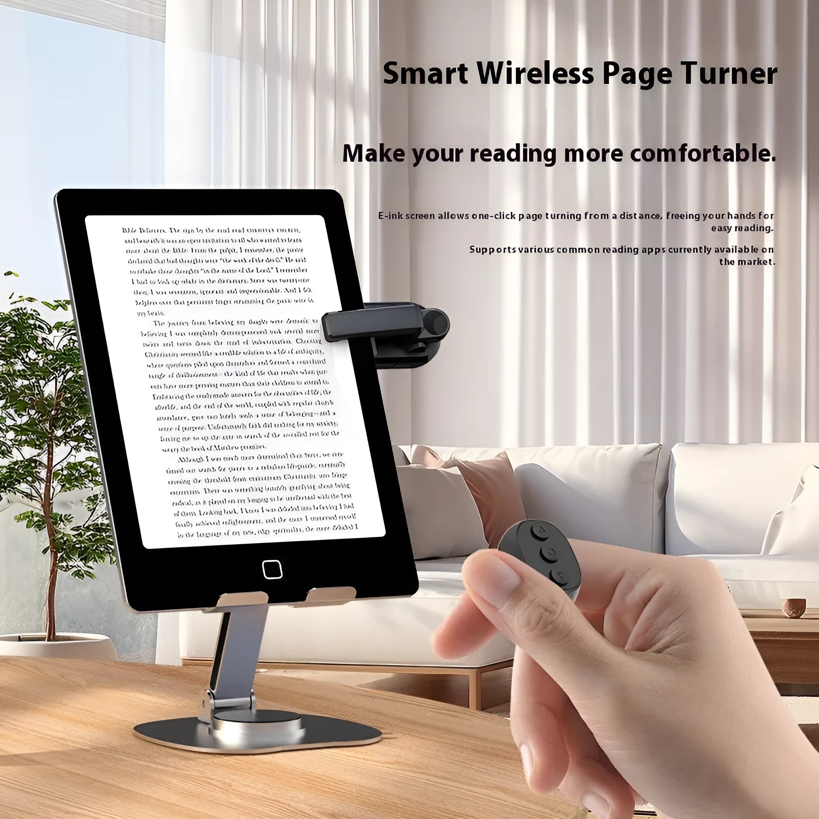Smart wireless page turner remote control for tablets with clicker devices in black, white, and pink ABS plastic