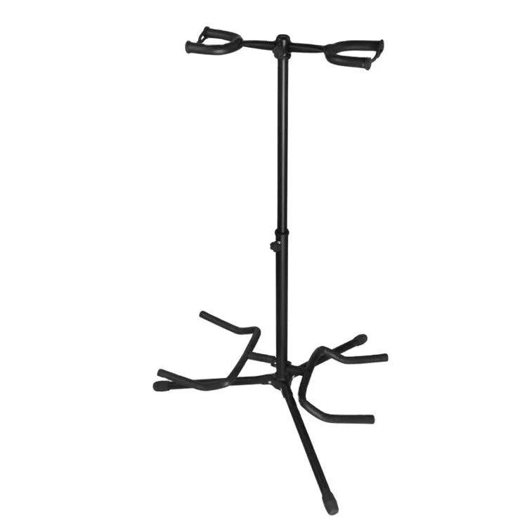 Black vertical double-headed adjustable guitar stand with foam padding on contact points