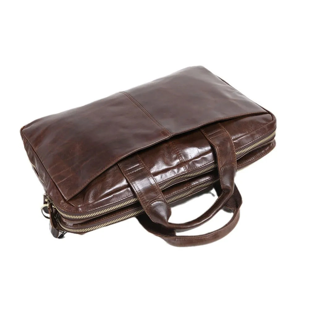 Brown 18-inch men's business briefcase in first-layer cowhide leather with polyester cotton lining