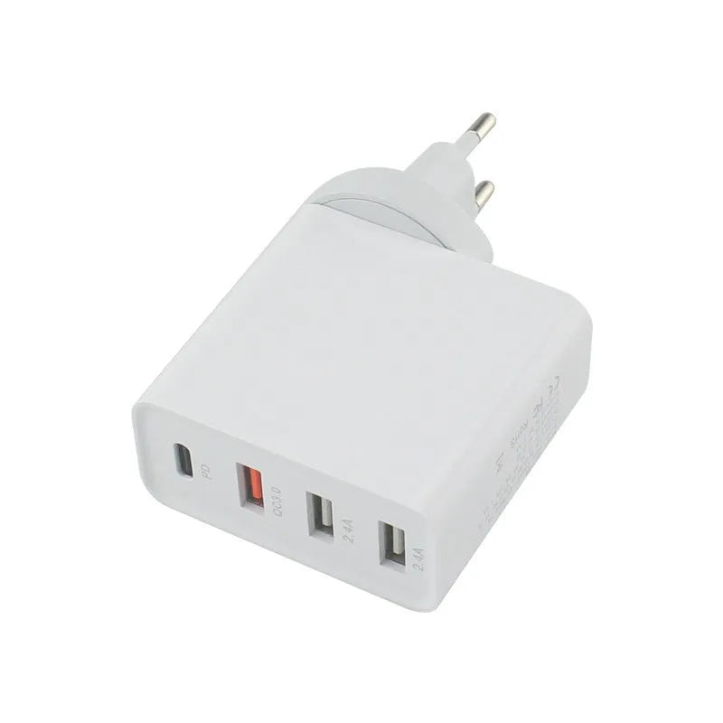Black 48W USB-C wall charger with four ports and a UK plug on a white background.