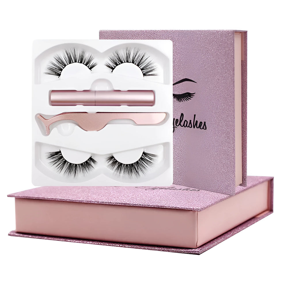 Magnetic eyeliner and false eyelash set with tweezer, waterproof, reusable, 0.2 mm silicone fibres, natural look
