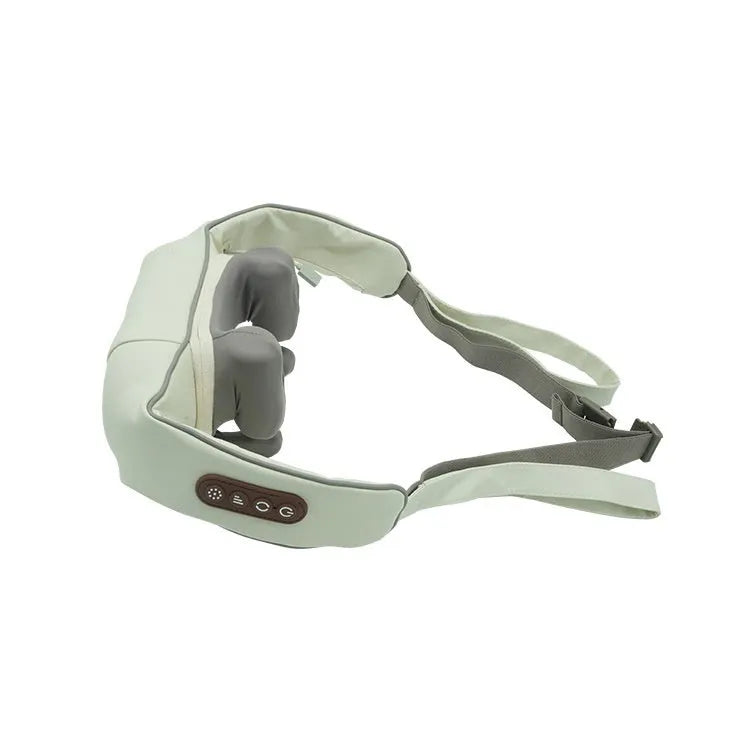 Electric neck massager foldable rechargeable multi-mode heat support blue and beige on white background