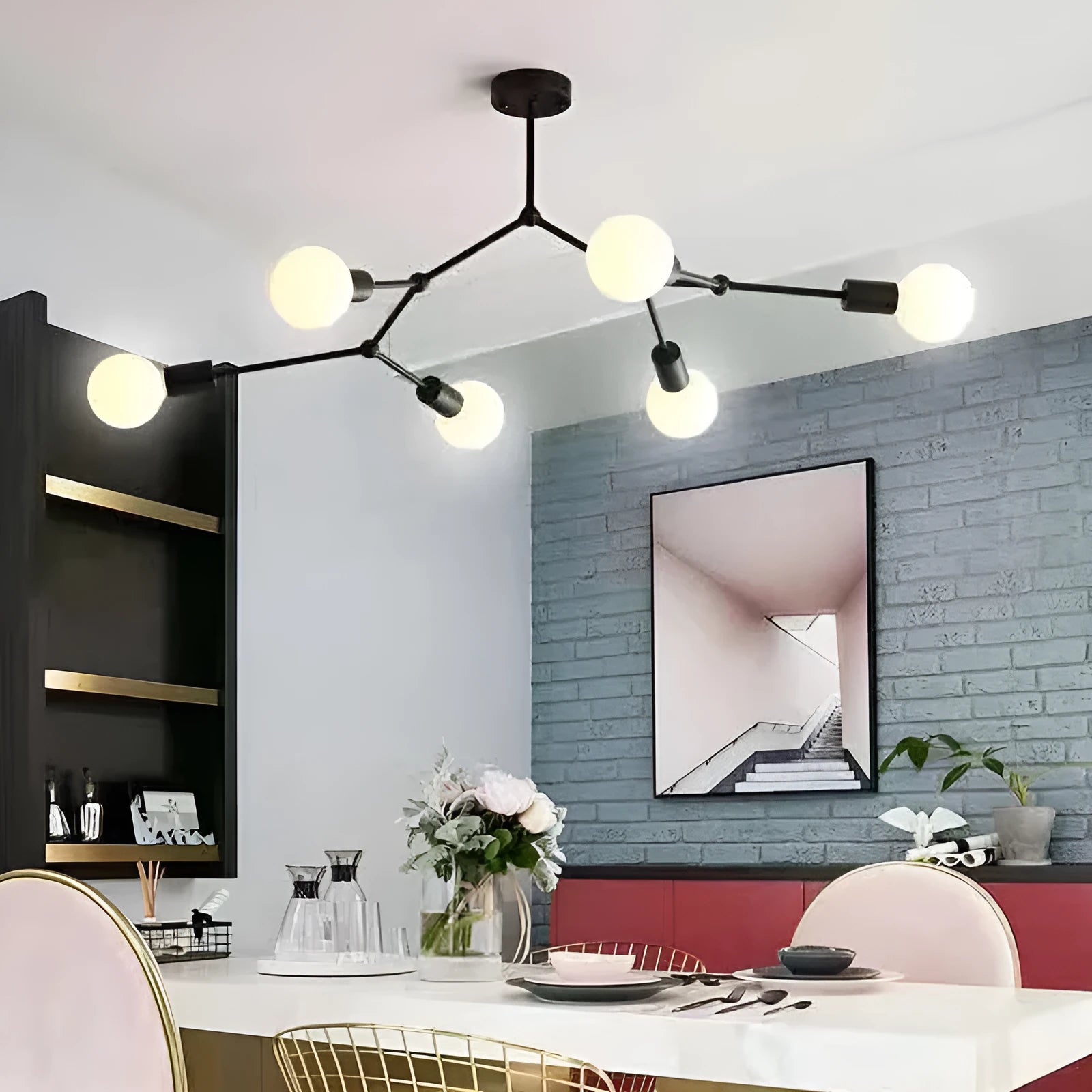Nordic minimalist iron chandelier ceiling lamp in black or white with multiple light heads