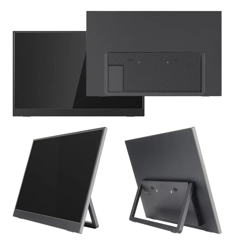 Black 15.6-inch portable LED monitor with adjustable stand on a desk next to a laptop.