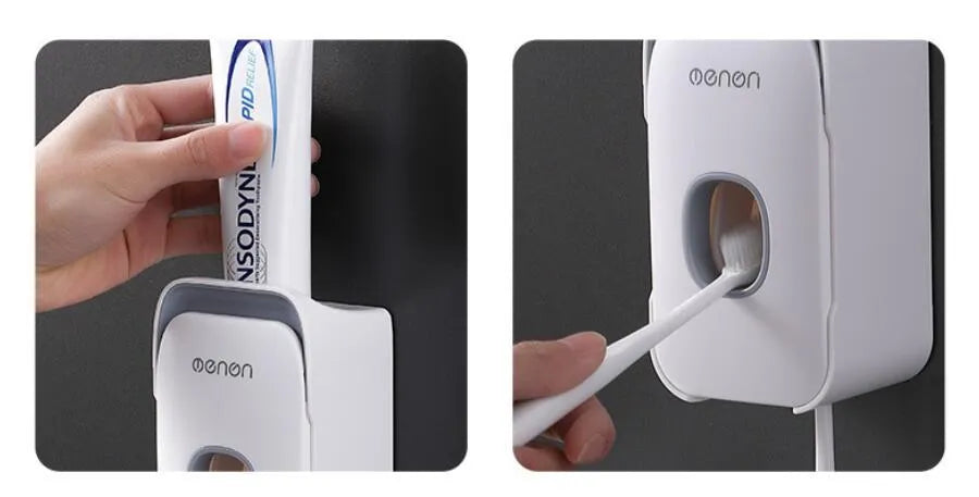 Automatic toothpaste dispenser unit in blue, grey, and pink colours made from ABS plastic.