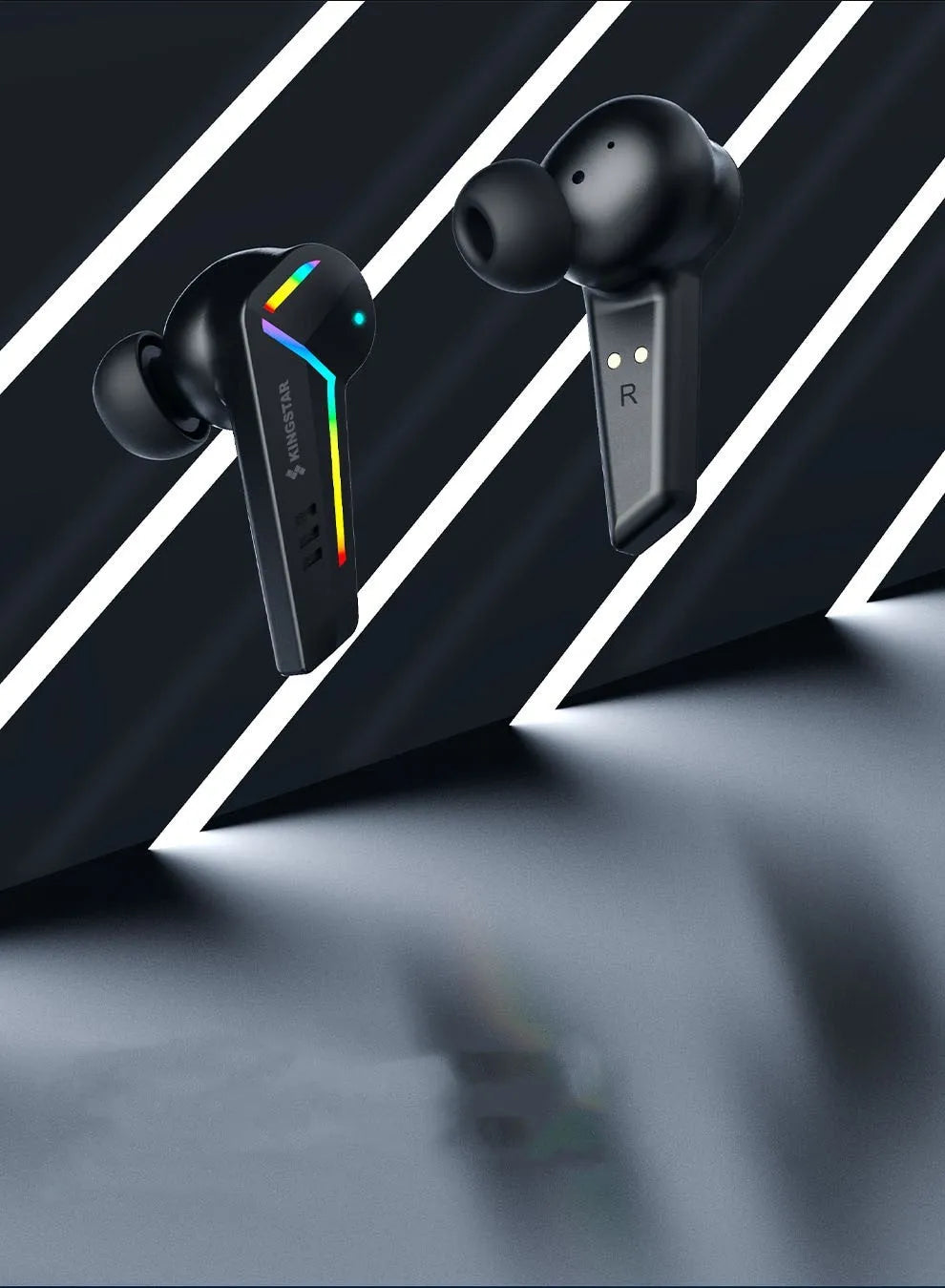 Black wireless Bluetooth earbuds with low-latency for sports and gaming