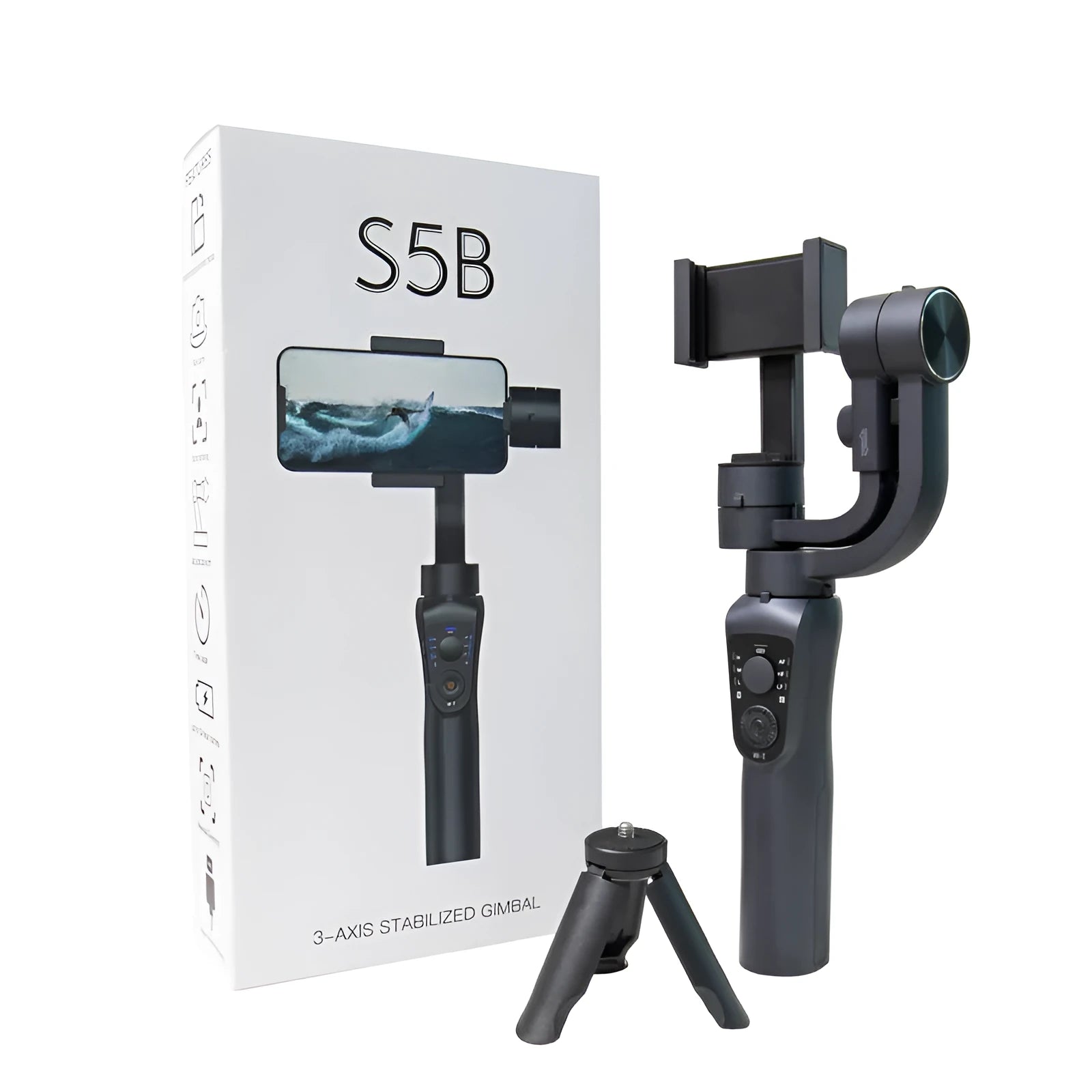 Black three-axis handheld gimbal stabilizer for mobile phones with tripod accessory
