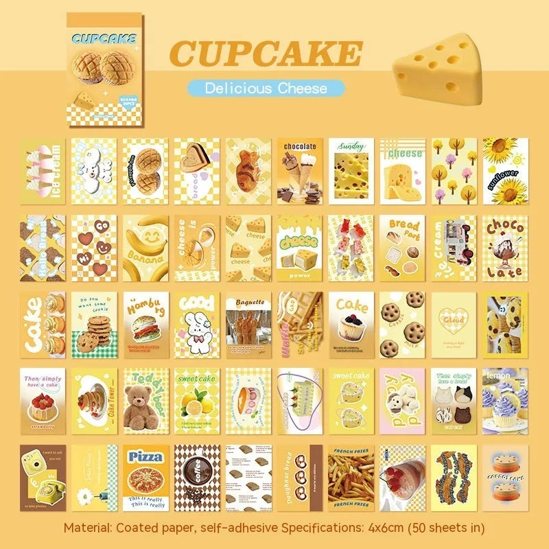 American retro cartoon sticker book with 50 sheets, each measuring 4x6cm, shown in multiple colour options.