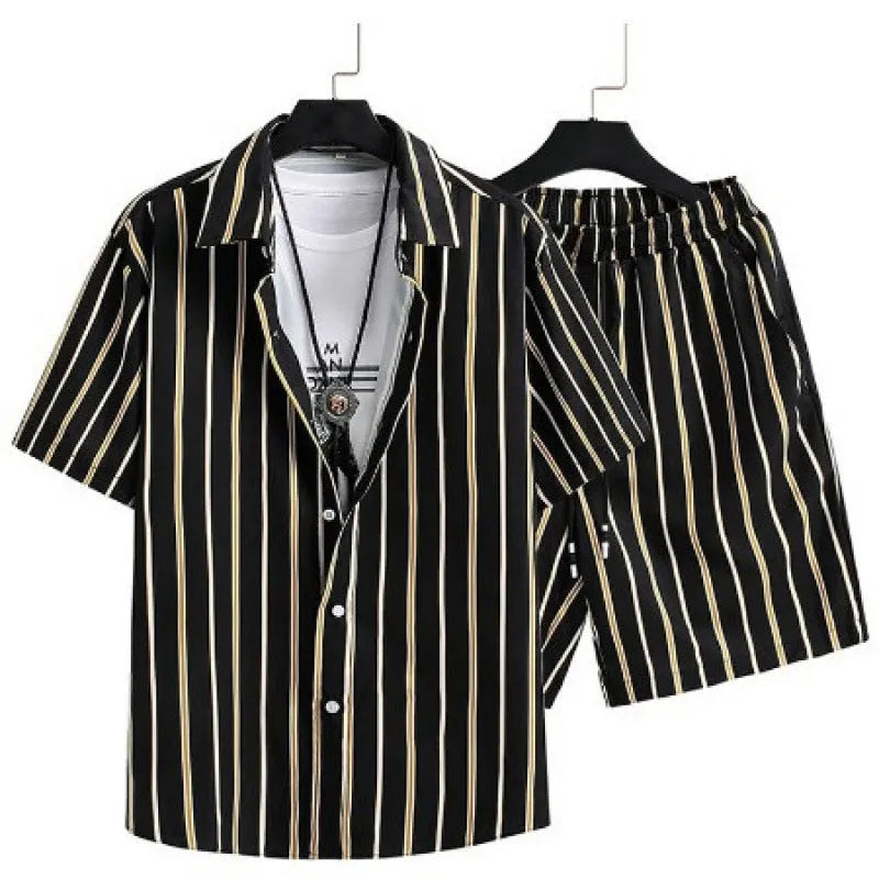 Men's casual suit set with digital printed shorts and short sleeve cardigan in polyester elastic fabric