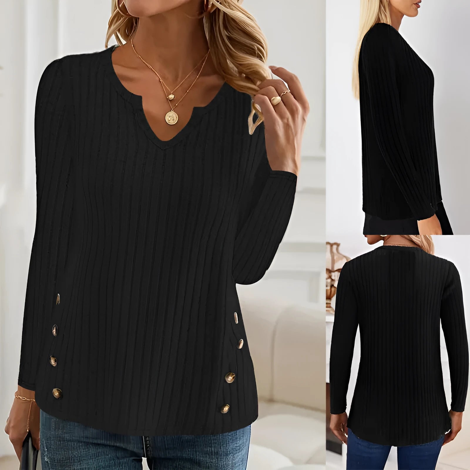 Men's simple solid colour knitted button sweater in black or grey green, showing pullover style with regular sleeves.