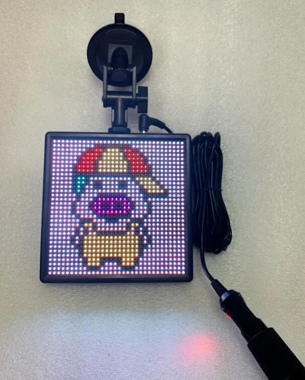 Bluetooth wireless LED car display screen with aluminium frame showing RGB animation display