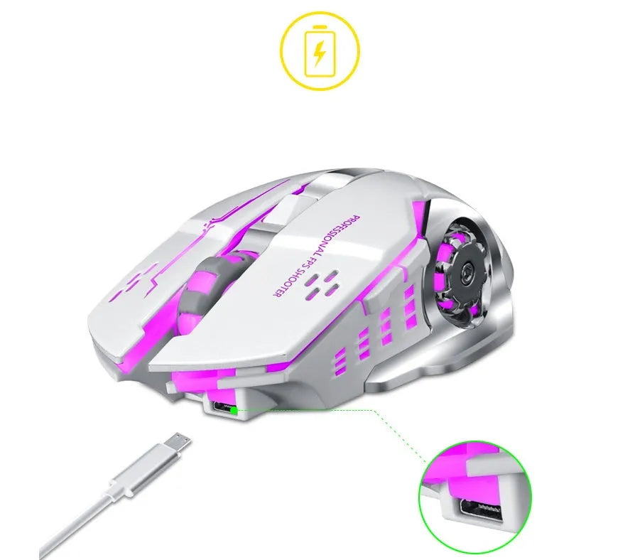 Black wireless charging silent mouse with six buttons beside a laptop