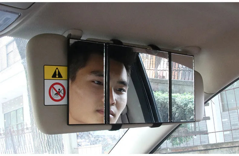 Silver car folding makeup mirror showing compact and opened positions