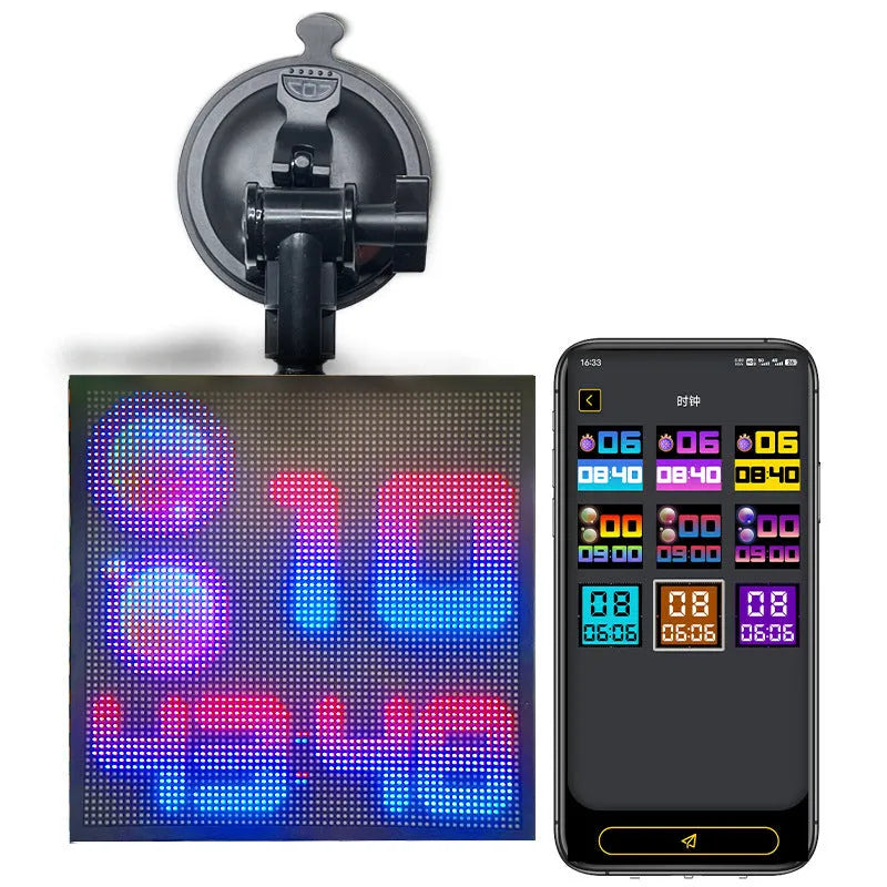 Bluetooth wireless LED car display screen with aluminium frame showing RGB animation display