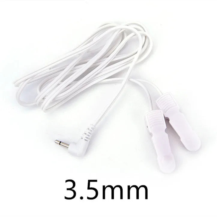 White massage ear clip with 3.5mm electrode wire for TENS machine, two clips included, handheld control