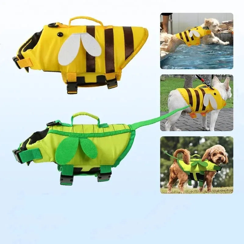 Green and yellow reflective dog life vest jacket with adjustable straps and handle for swimming safety