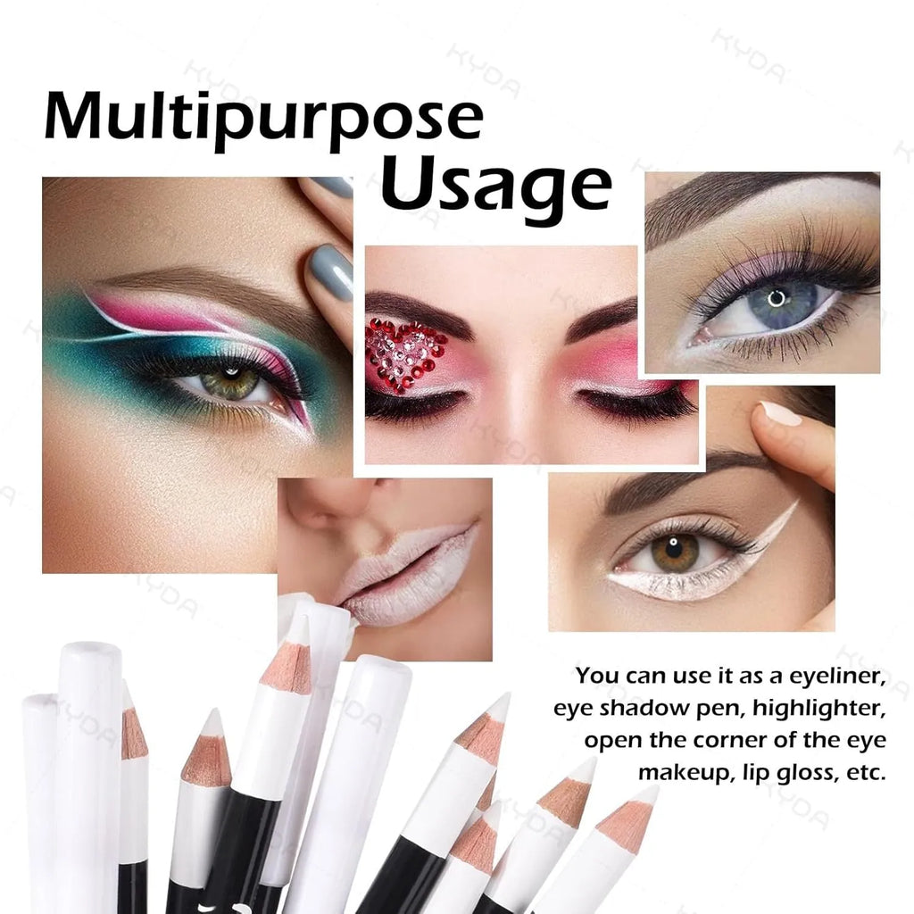 12-piece white and black eyeliner pencil set with sharpener, waterproof and retractable