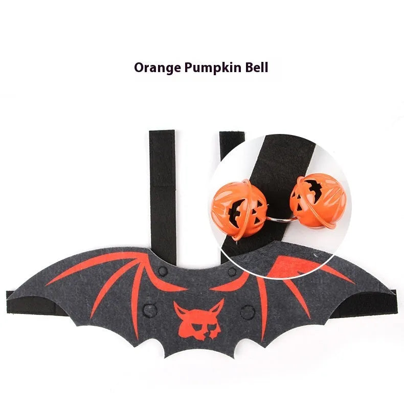 Halloween cat batwing felt costume in pumpkin bat colour on a cat
