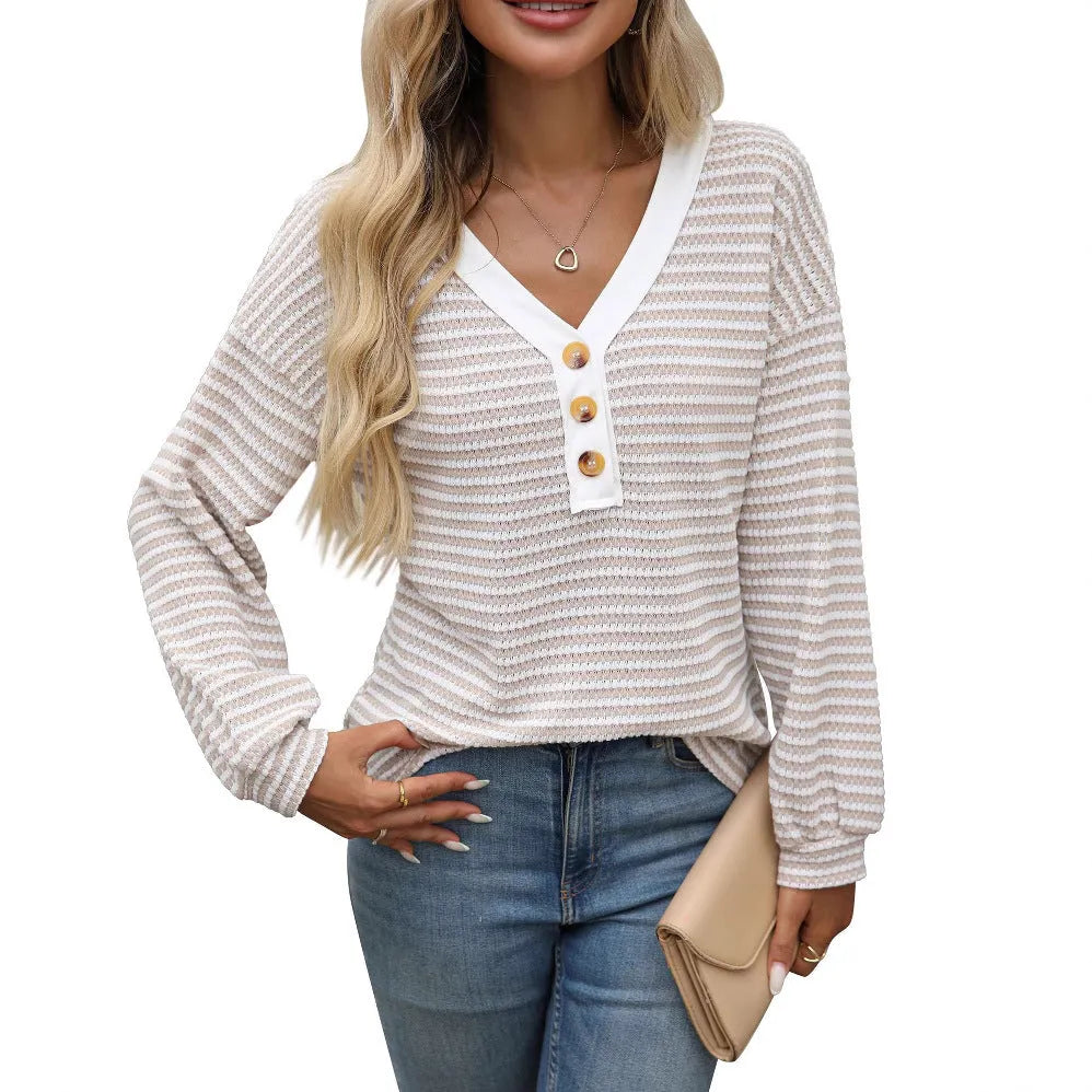 Women's loose-fitting V-neck patchwork pullover top in polyester fabric with long sleeves
