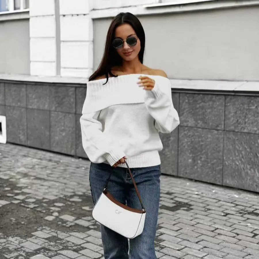 Grey off-the-shoulder sweater with 3D knit pattern and strapless design