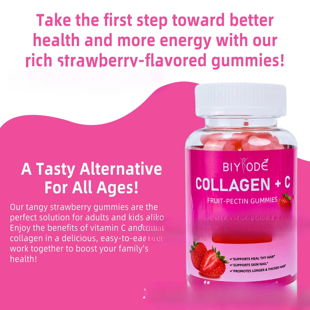 Bottle of Vitamin C Biotin Collagen Gummies for Women, 60 soft candy pieces per bottle