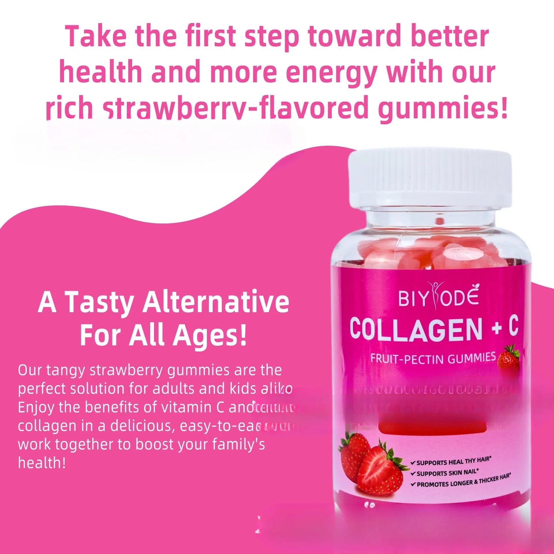 Bottle of Vitamin C Biotin Collagen Gummies for Women, 60 soft candy pieces per bottle