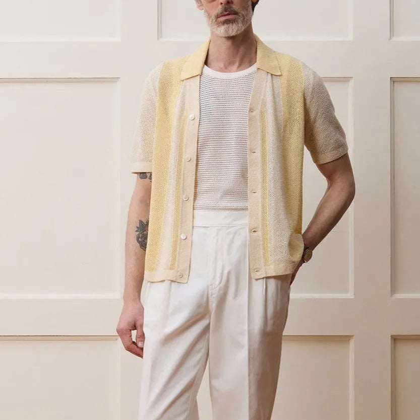 Yellow hollow-out short-sleeved Tencel casual polo shirt with asymmetric design, regular fit