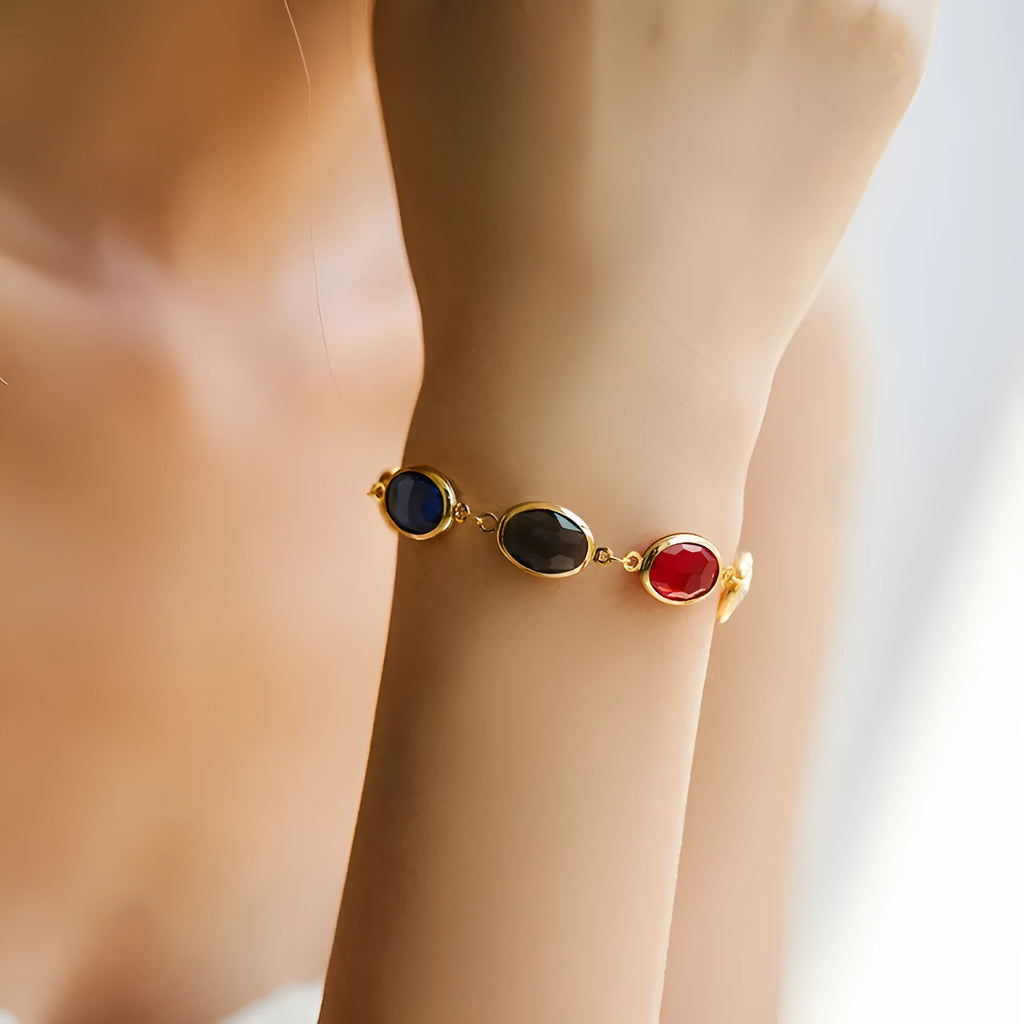 Copper bracelet with 18K gold plating and blue glass inlay, geometry shape, women's fashion OL style