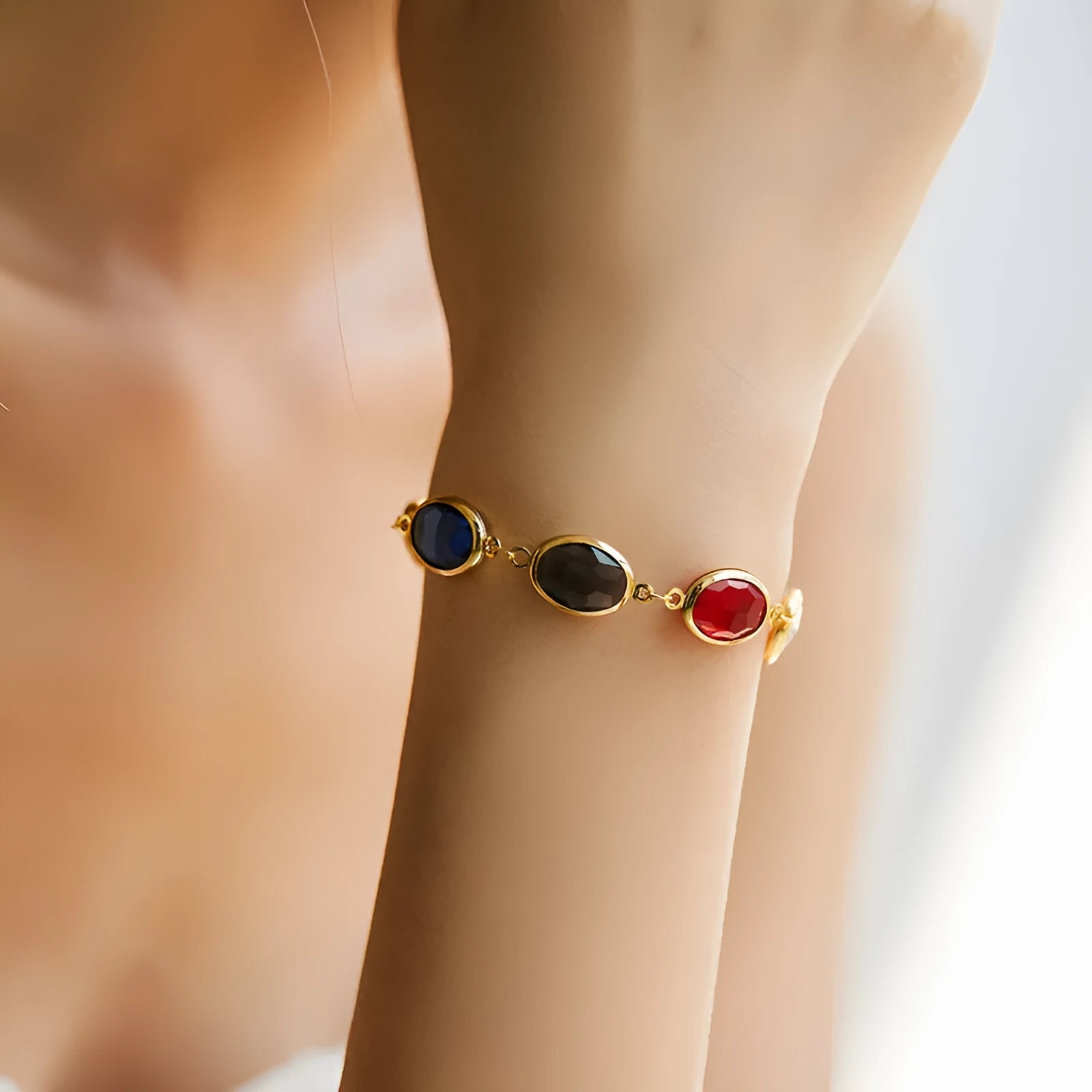 Copper bracelet with 18K gold plating and blue glass inlay, geometry shape, women's fashion OL style