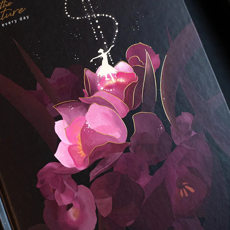 Four A5 hardcover notebooks with luminous covers in deep blue, gold, light blue, and purple colours.