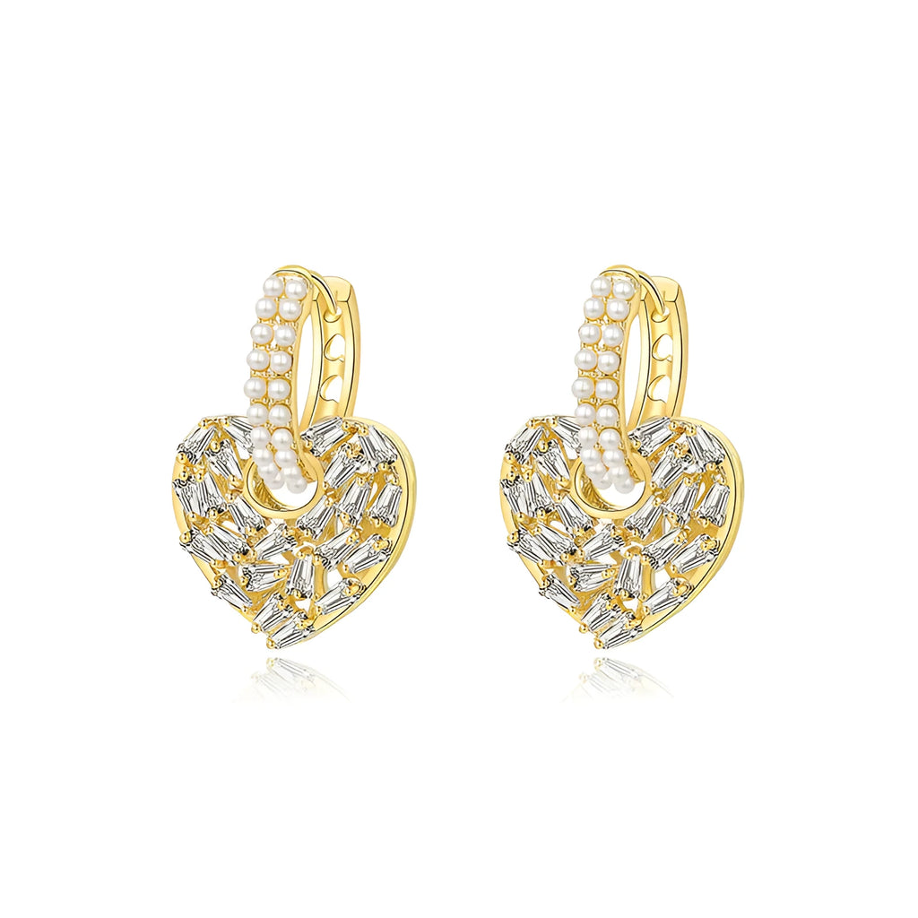 Heart shaped copper earrings with yellow finish and zircon stone for women