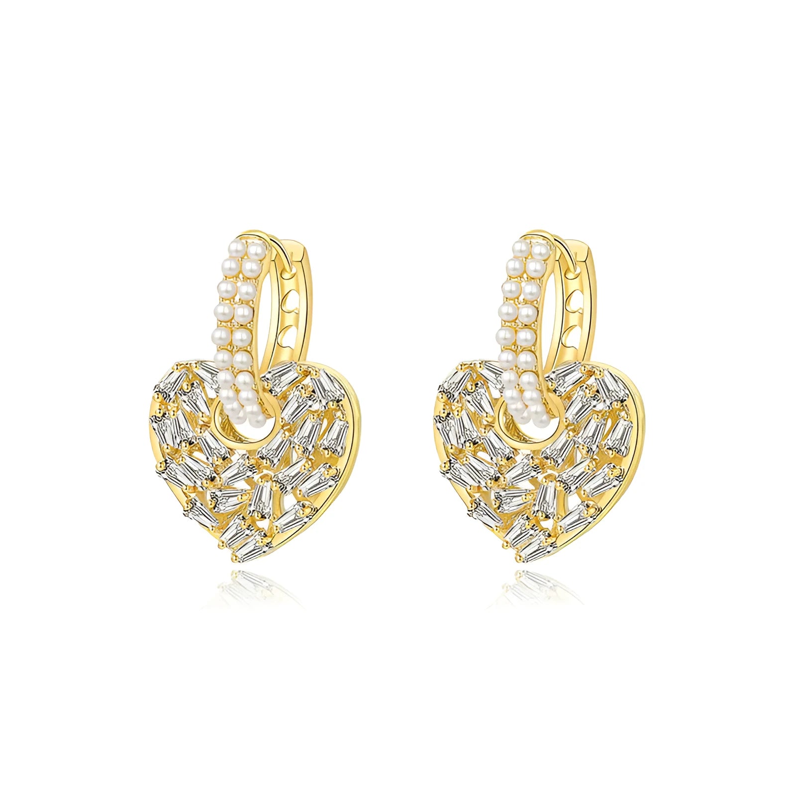 Heart shaped copper earrings with yellow finish and zircon stone for women