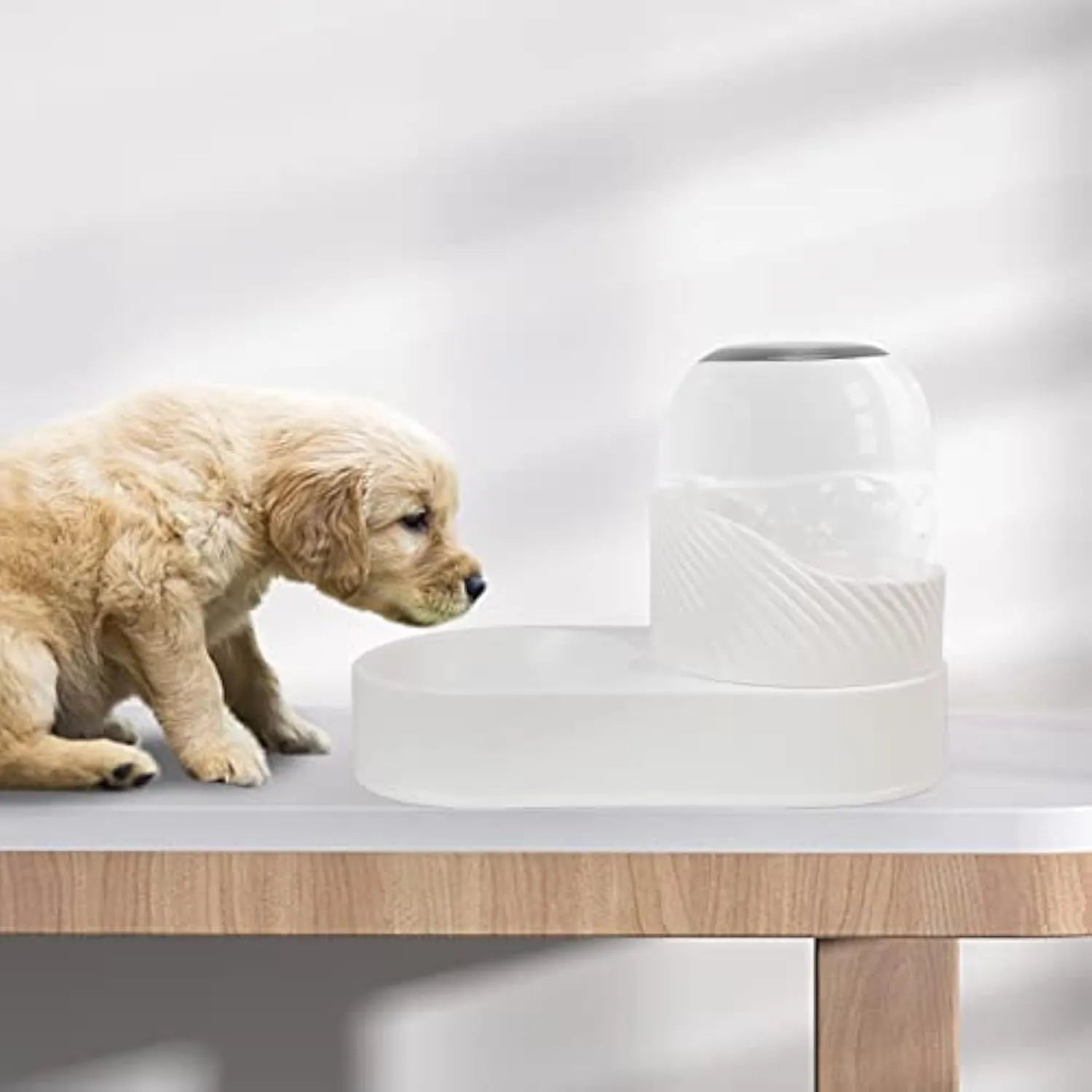 White plastic cat feeder and water dispenser set with wave-shaped design, two 2-litre units.