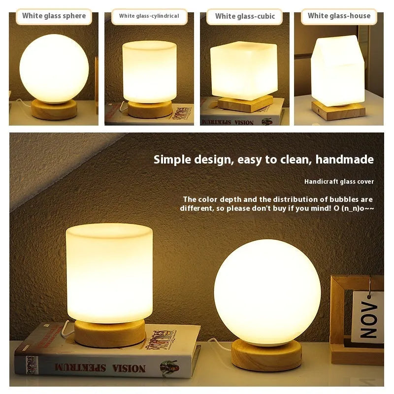 Nordic solid wood USB table lamp in white with touch dimming and floral design