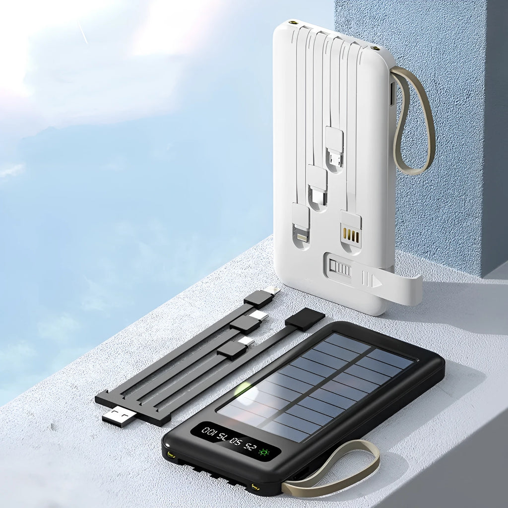 Solar power bank in black or white with capacity options of 20000mAh and 30000mAh