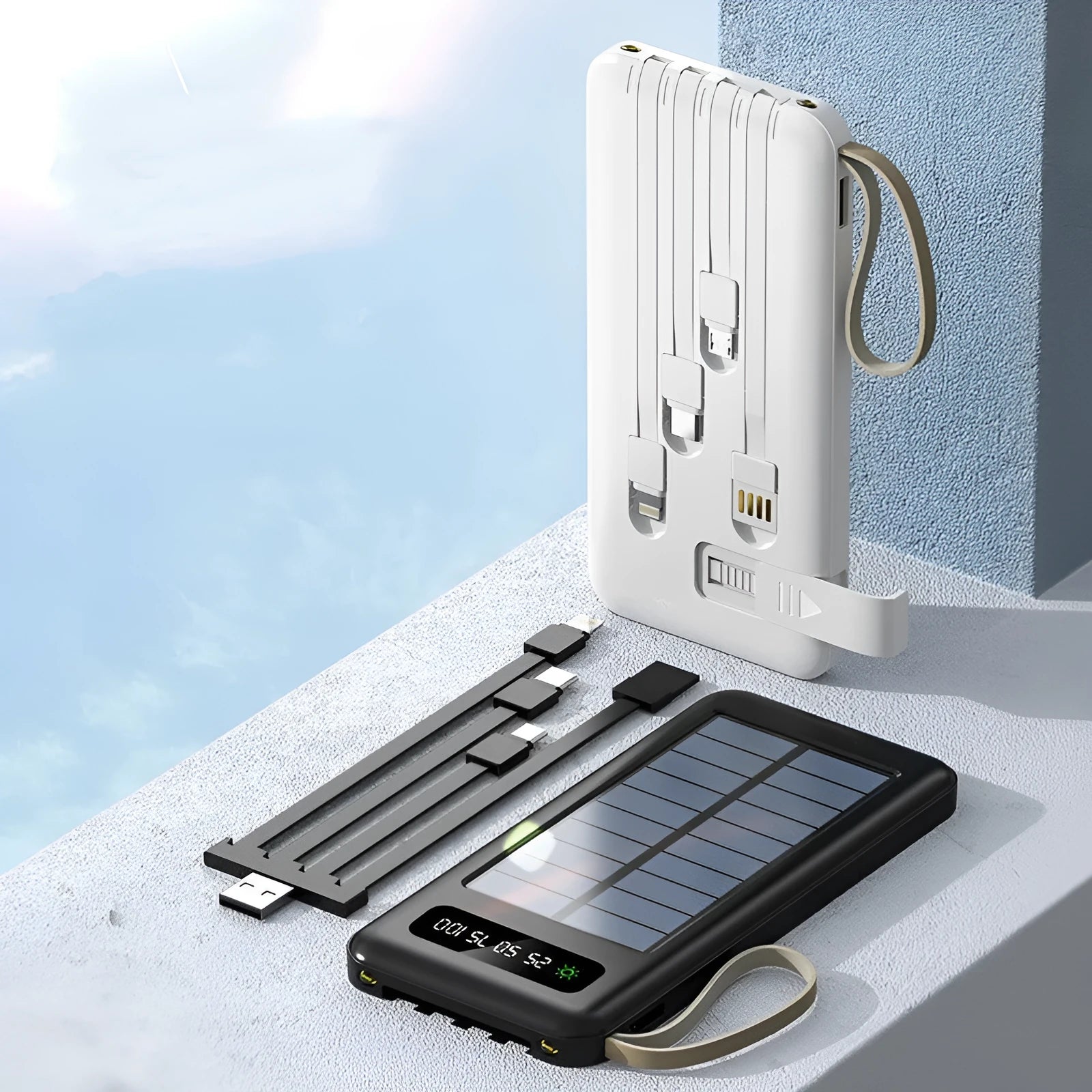Solar power bank in black or white with capacity options of 20000mAh and 30000mAh