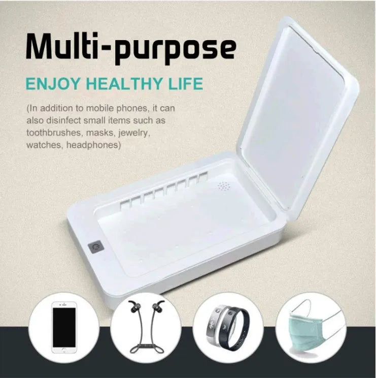 Blue ABS UV phone steriliser with touch switch and open lid showing internal compartment for 6.5-inch device