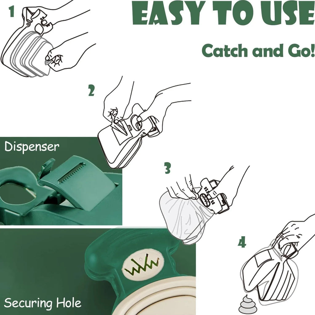 Blue handheld dog poop scooper with expandable container and integrated bag dispenser, shown with a carabiner clip.