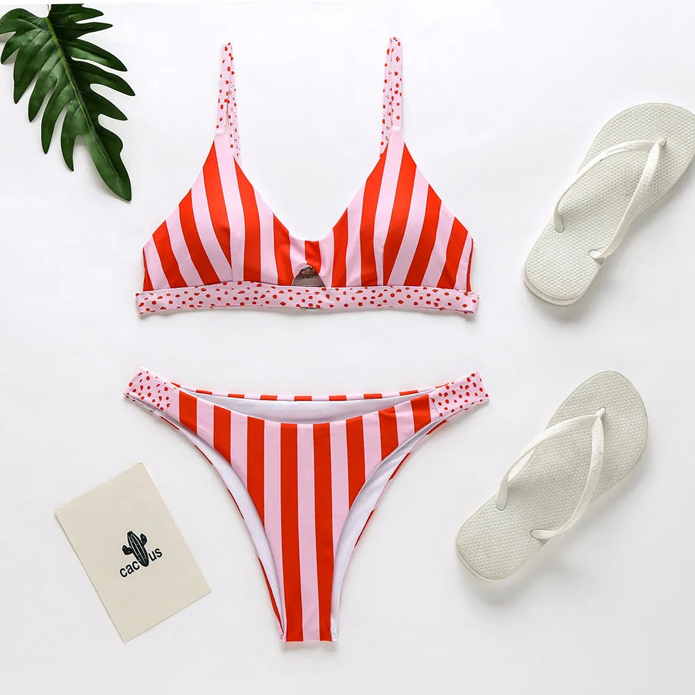 Women's polyester bikini swimsuit in dot or stripe patterns for swimming