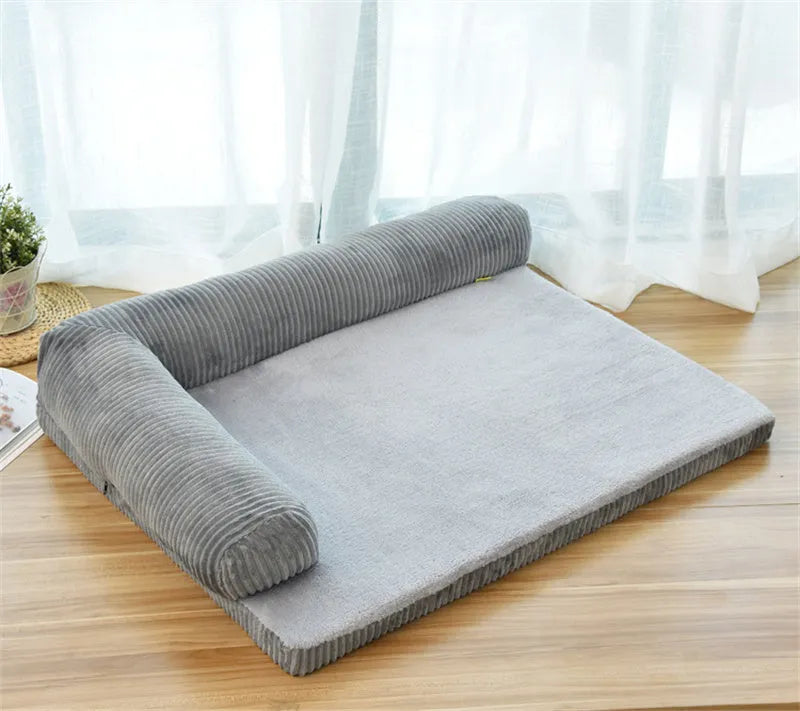 Corduroy pet sofa dog bed in grey colour with non-slip base, shown in a Large size.